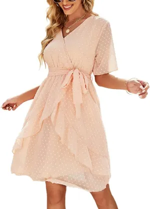 Sherosa Women's Summer V Neck Ruffles Faux Wrap Dress Swiss Dot Tie Belt Short Sleeve Flowy Short Dresses Wedding Guest