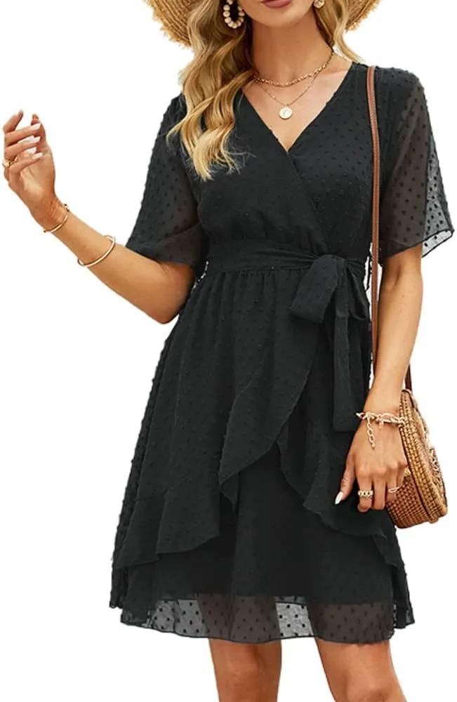 Sherosa Women's Summer V Neck Ruffles Faux Wrap Dress Swiss Dot Tie Belt Short Sleeve Flowy Short Dresses Wedding Guest
