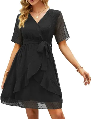 Sherosa Women's Summer V Neck Ruffles Faux Wrap Dress Swiss Dot Tie Belt Short Sleeve Flowy Short Dresses Wedding Guest