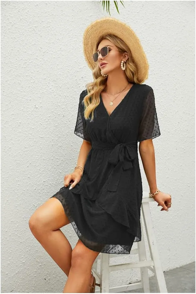Sherosa Women's Summer V Neck Ruffles Faux Wrap Dress Swiss Dot Tie Belt Short Sleeve Flowy Short Dresses Wedding Guest