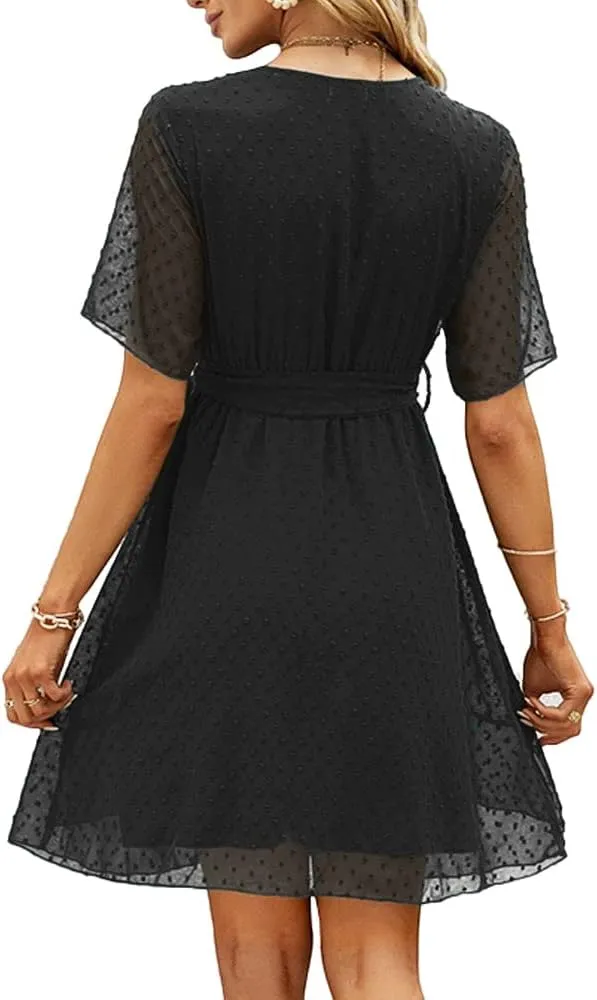 Sherosa Women's Summer V Neck Ruffles Faux Wrap Dress Swiss Dot Tie Belt Short Sleeve Flowy Short Dresses Wedding Guest