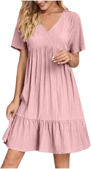 Short Sleeve Dress for Women Casual V-Neck A-Line Dress with Ruffle Hem Vestidos Casuales para Mujer