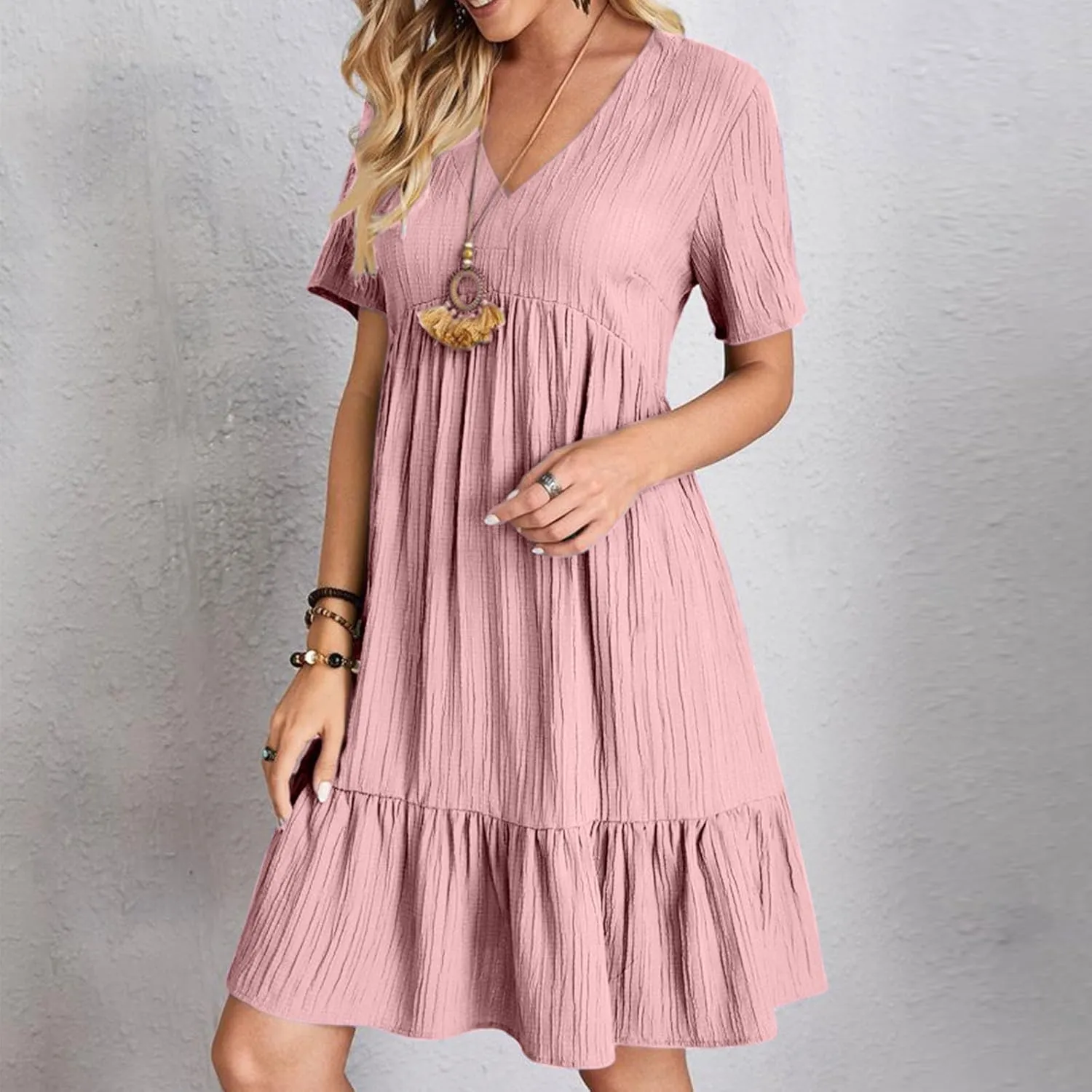 Short Sleeve Dress for Women Casual V-Neck A-Line Dress with Ruffle Hem Vestidos Casuales para Mujer
