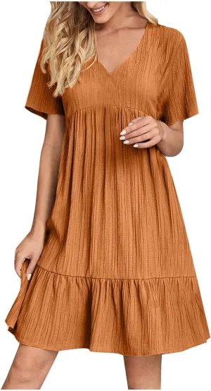 Short Sleeve Dress for Women Casual V-Neck A-Line Dress with Ruffle Hem Vestidos Casuales para Mujer