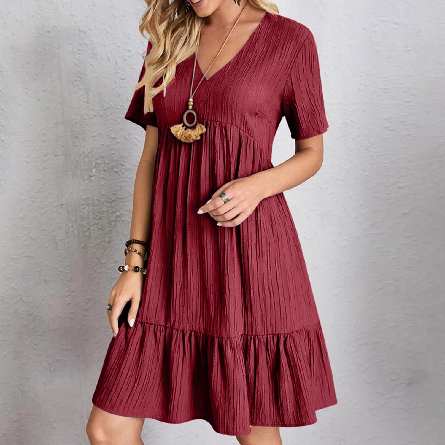 Short Sleeve Dress for Women Casual V-Neck A-Line Dress with Ruffle Hem Vestidos Casuales para Mujer