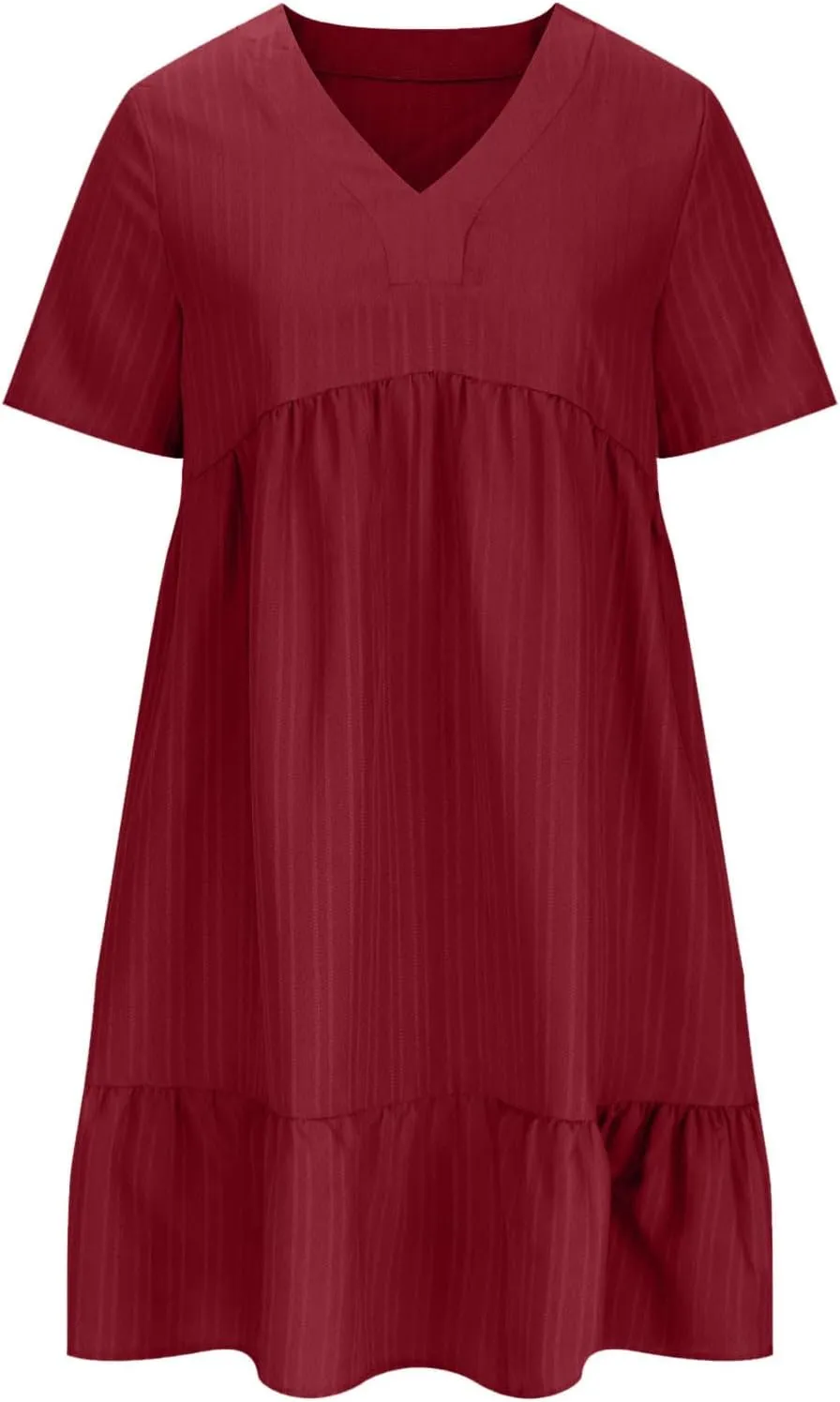 Short Sleeve Dress for Women Casual V-Neck A-Line Dress with Ruffle Hem Vestidos Casuales para Mujer