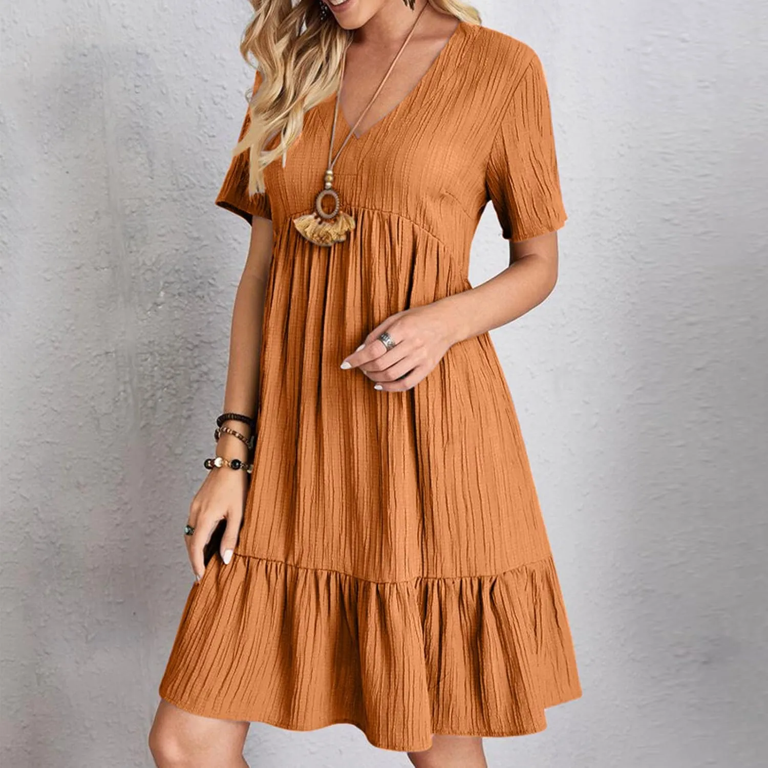 Short Sleeve Dress for Women Casual V-Neck A-Line Dress with Ruffle Hem Vestidos Casuales para Mujer