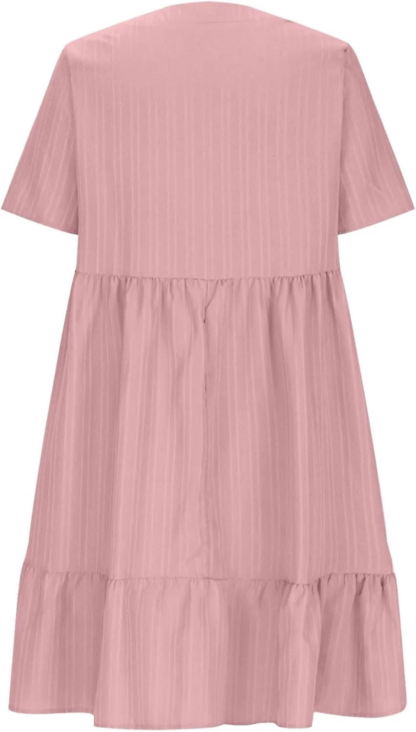 Short Sleeve Dress for Women Casual V-Neck A-Line Dress with Ruffle Hem Vestidos Casuales para Mujer