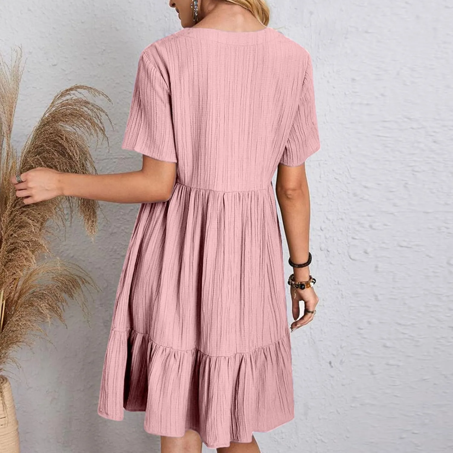 Short Sleeve Dress for Women Casual V-Neck A-Line Dress with Ruffle Hem Vestidos Casuales para Mujer