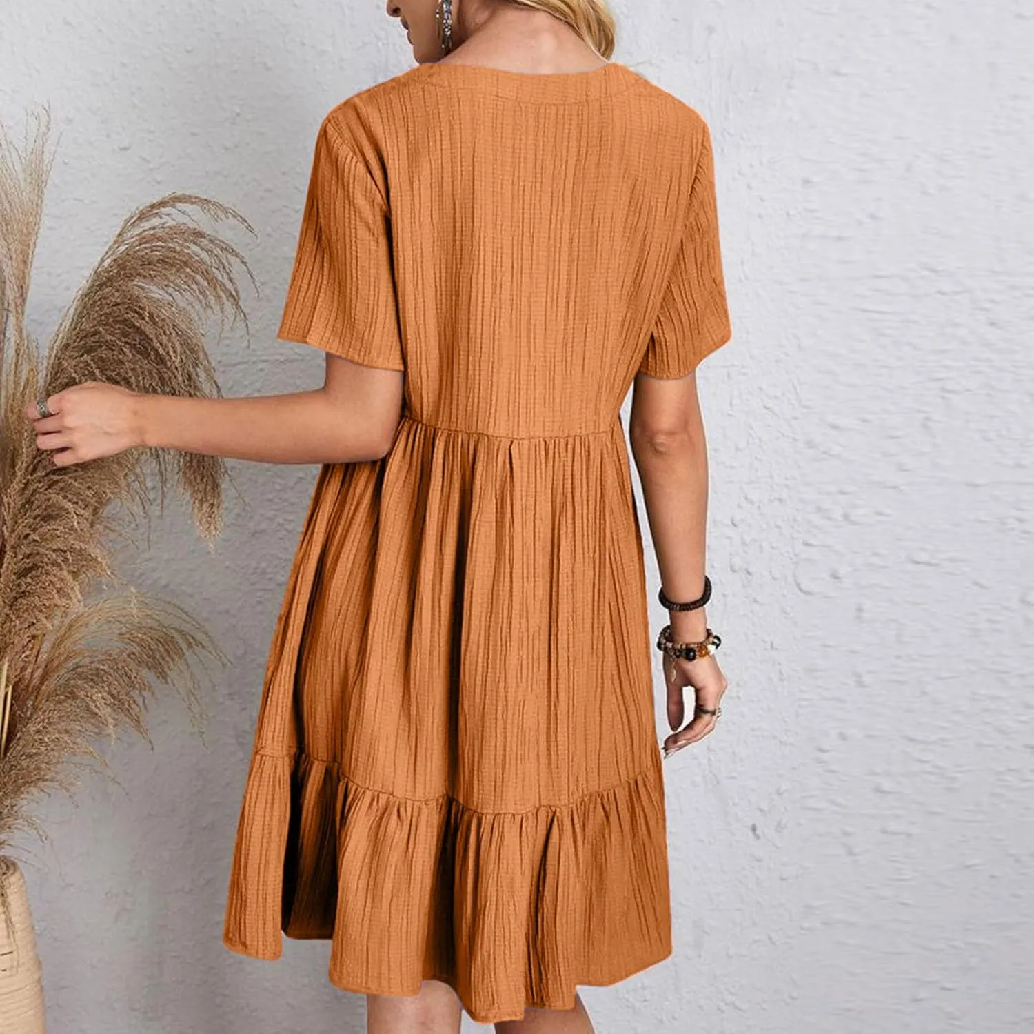 Short Sleeve Dress for Women Casual V-Neck A-Line Dress with Ruffle Hem Vestidos Casuales para Mujer