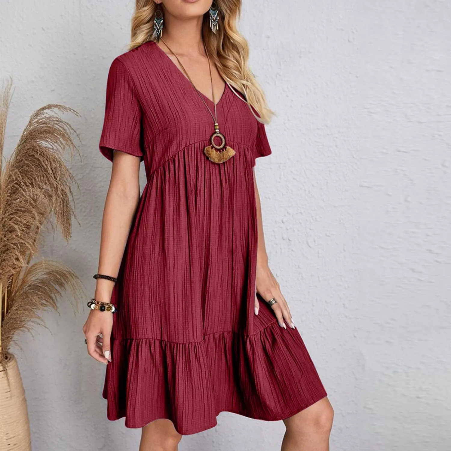 Short Sleeve Dress for Women Casual V-Neck A-Line Dress with Ruffle Hem Vestidos Casuales para Mujer