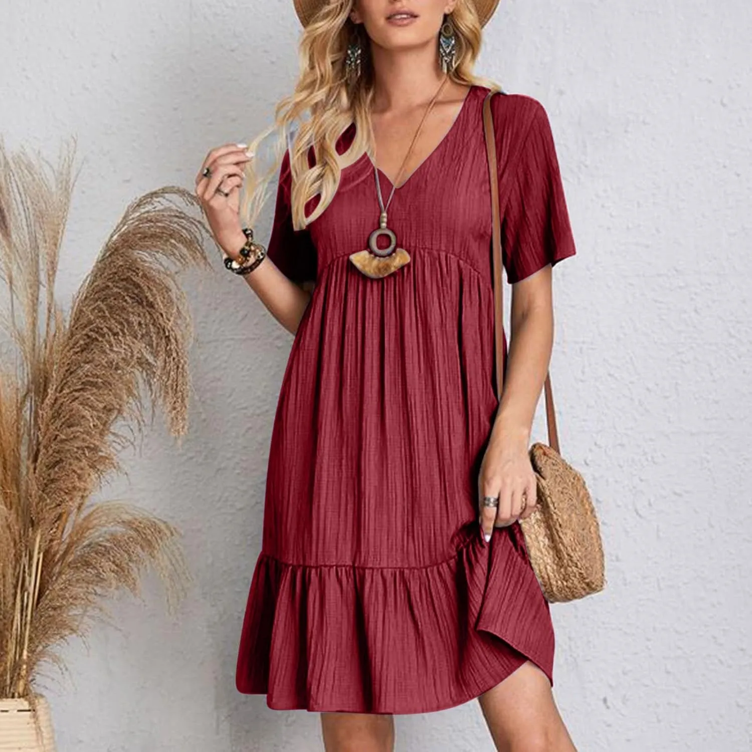 Short Sleeve Dress for Women Casual V-Neck A-Line Dress with Ruffle Hem Vestidos Casuales para Mujer