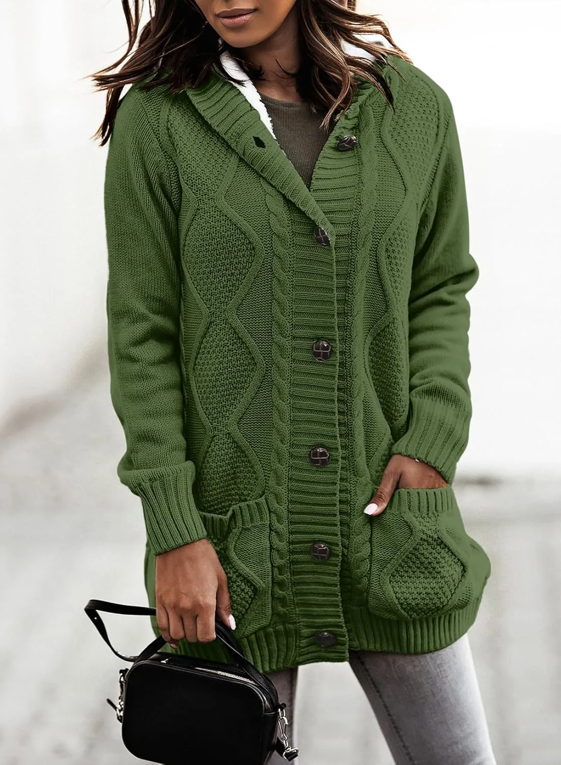 Sidefeel Women's Cardigan Sweaters Hooded Fleece Lined Button Down Front Jackets Winter Coat with Pockets