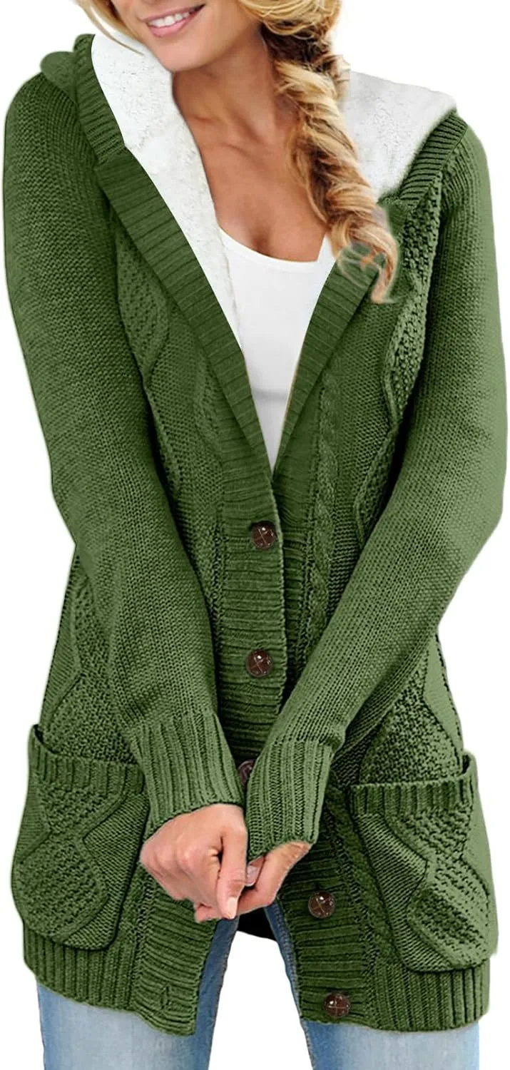 Sidefeel Women's Cardigan Sweaters Hooded Fleece Lined Button Down Front Jackets Winter Coat with Pockets