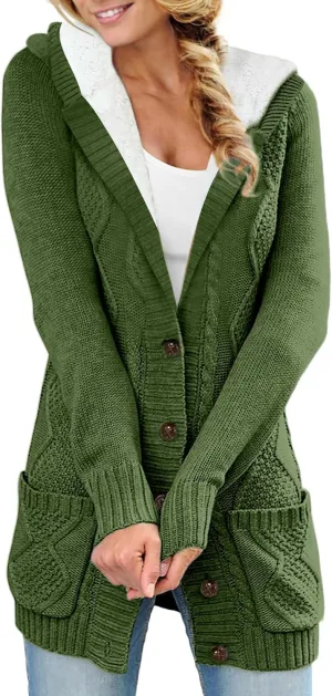 Sidefeel Women's Cardigan Sweaters Hooded Fleece Lined Button Down Front Jackets Winter Coat with Pockets