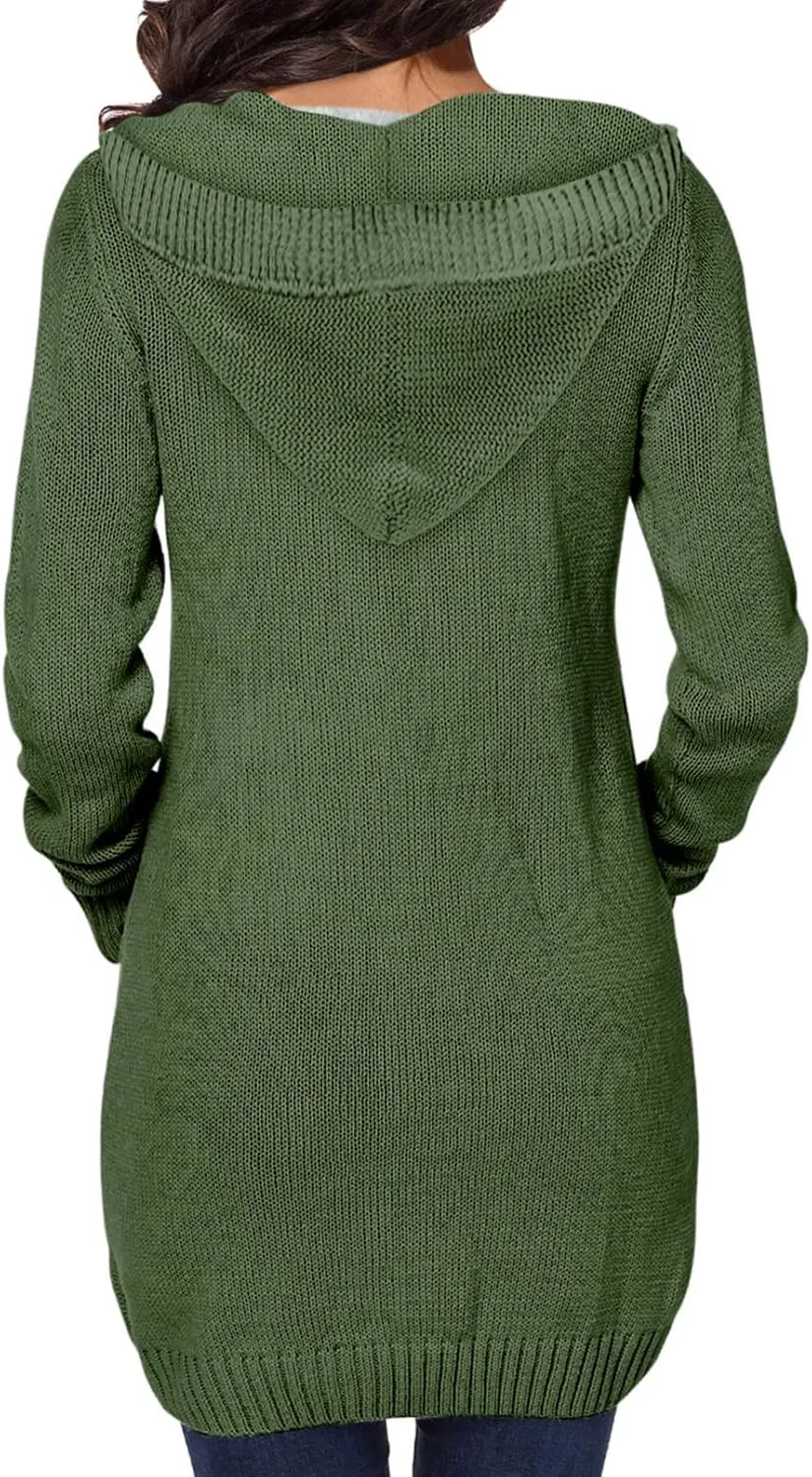 Sidefeel Women's Open Front Hooded Cardigan Sweaters Button Down Long Sleeve Chunky Knit Coat with Pockets