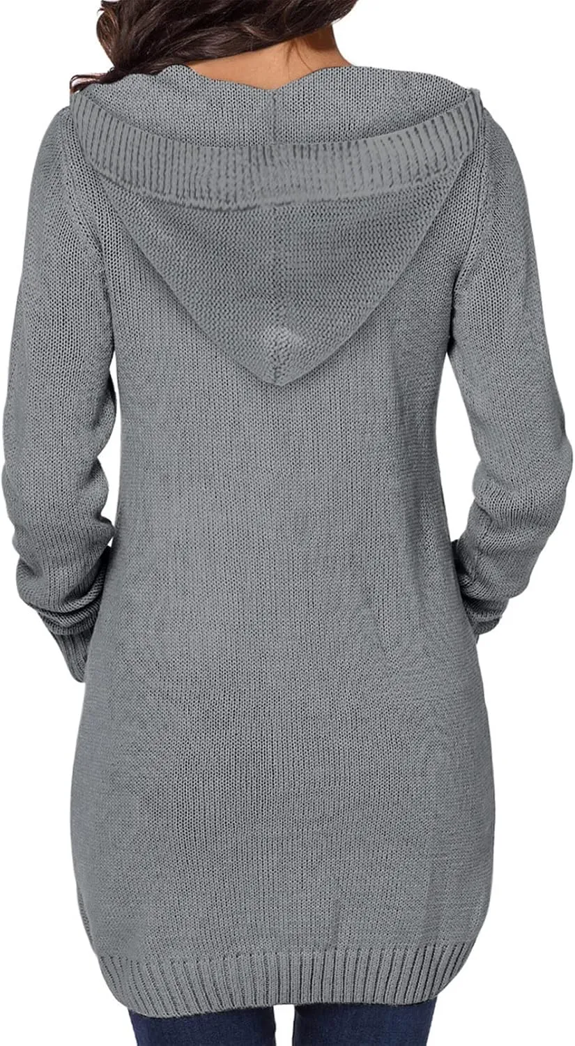 Sidefeel Women's Open Front Hooded Cardigan Sweaters Button Down Long Sleeve Chunky Knit Coat with Pockets