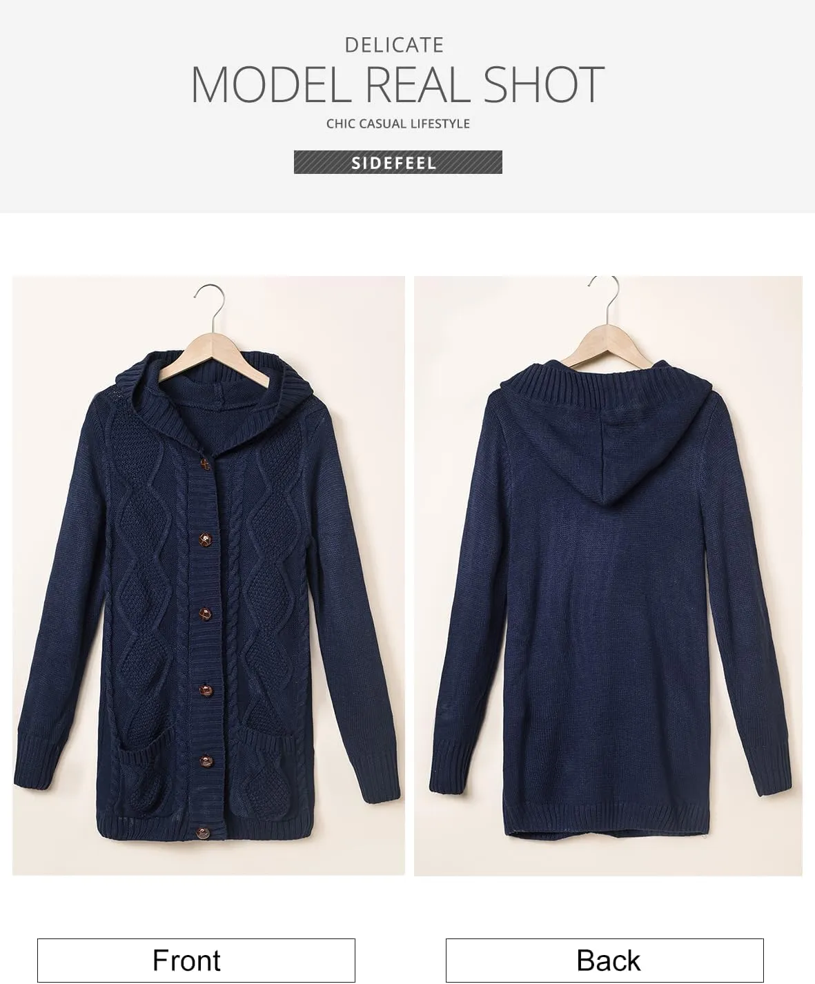 Sidefeel Women's Open Front Hooded Cardigan Sweaters Button Down Long Sleeve Chunky Knit Coat with Pockets