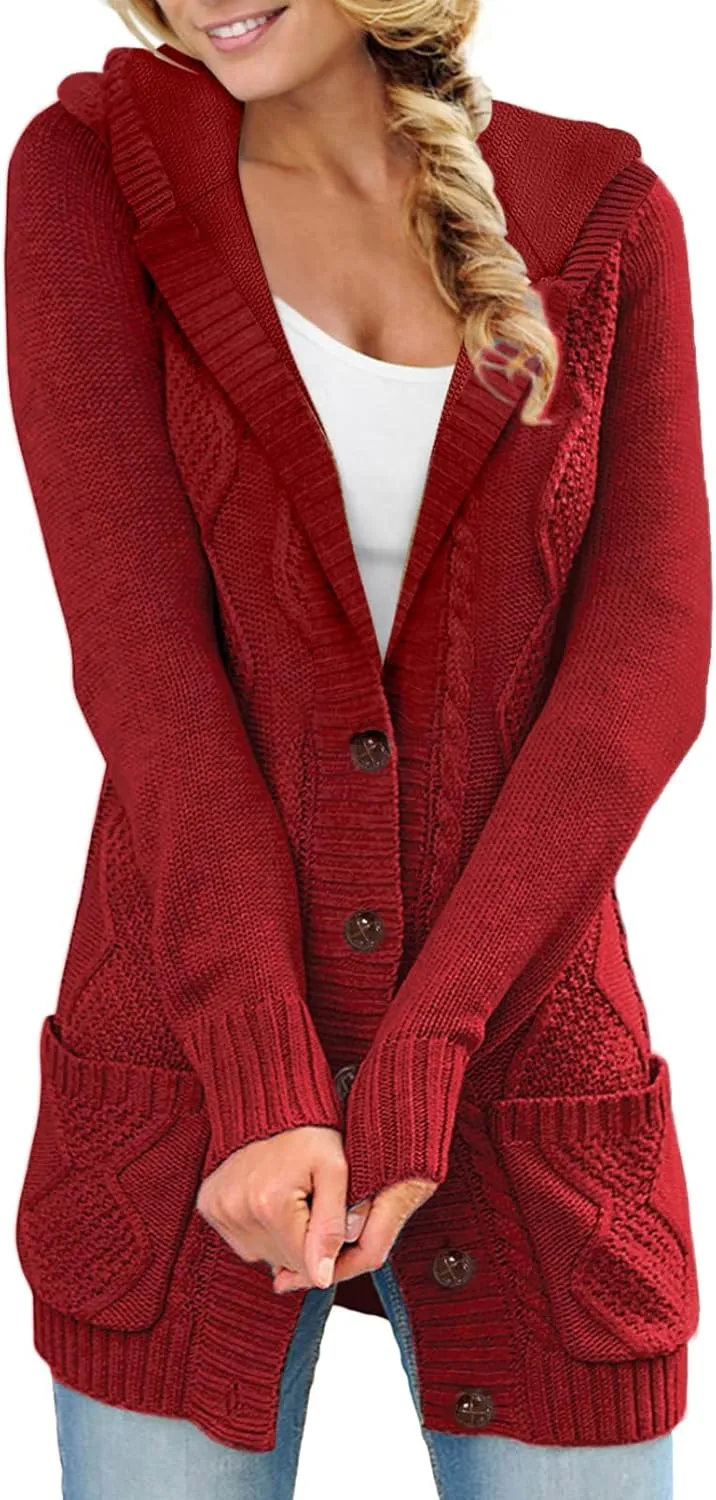 Sidefeel Women's Open Front Hooded Cardigan Sweaters Button Down Long Sleeve Chunky Knit Coat with Pockets
