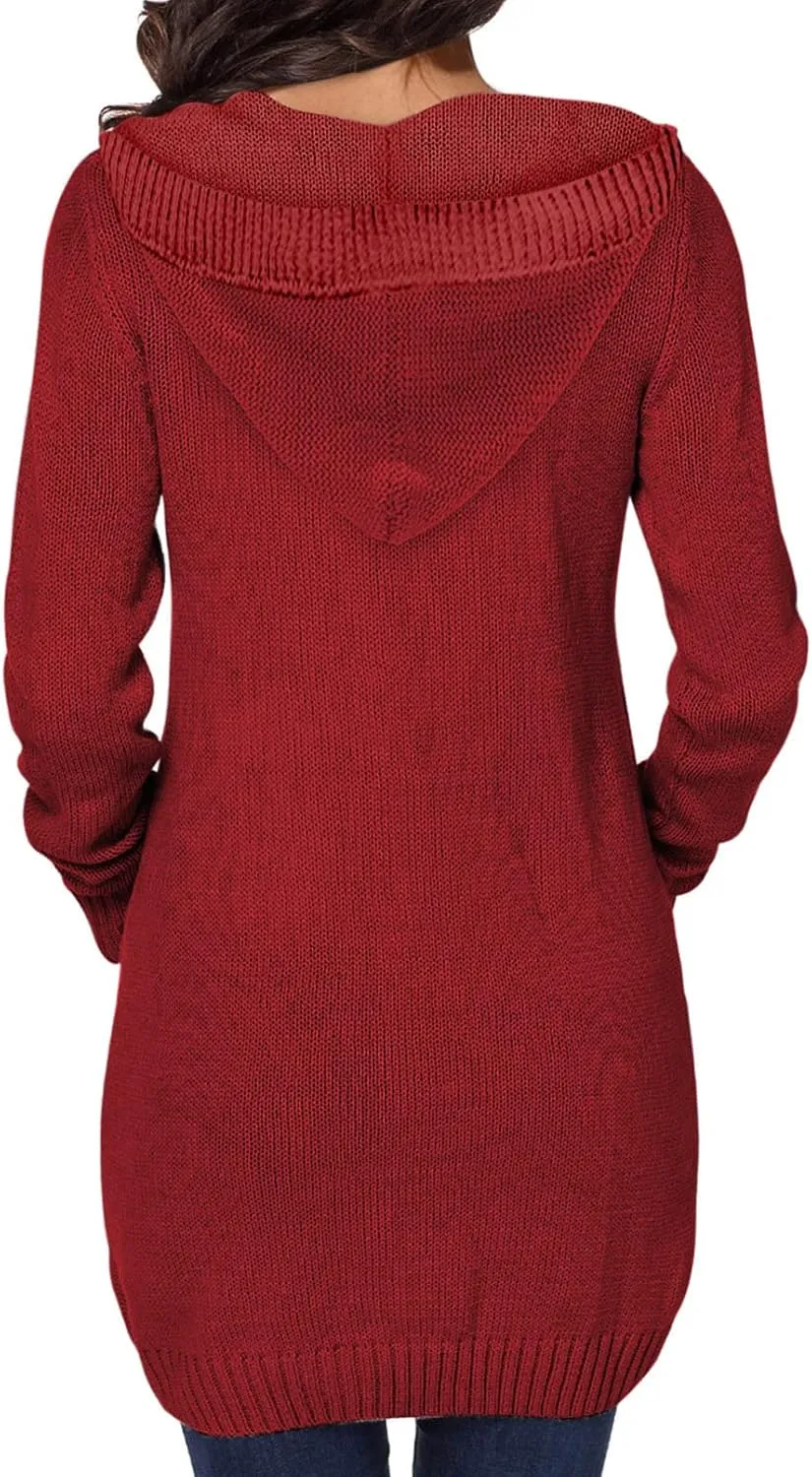 Sidefeel Women's Open Front Hooded Cardigan Sweaters Button Down Long Sleeve Chunky Knit Coat with Pockets