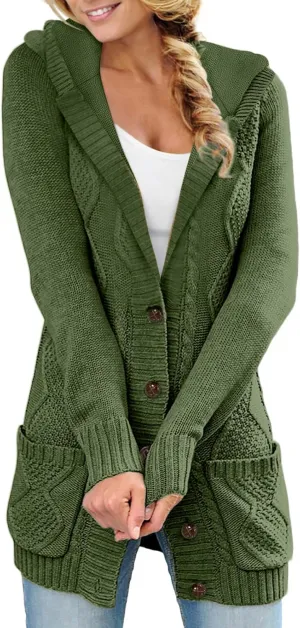 Sidefeel Women's Open Front Hooded Cardigan Sweaters Button Down Long Sleeve Chunky Knit Coat with Pockets