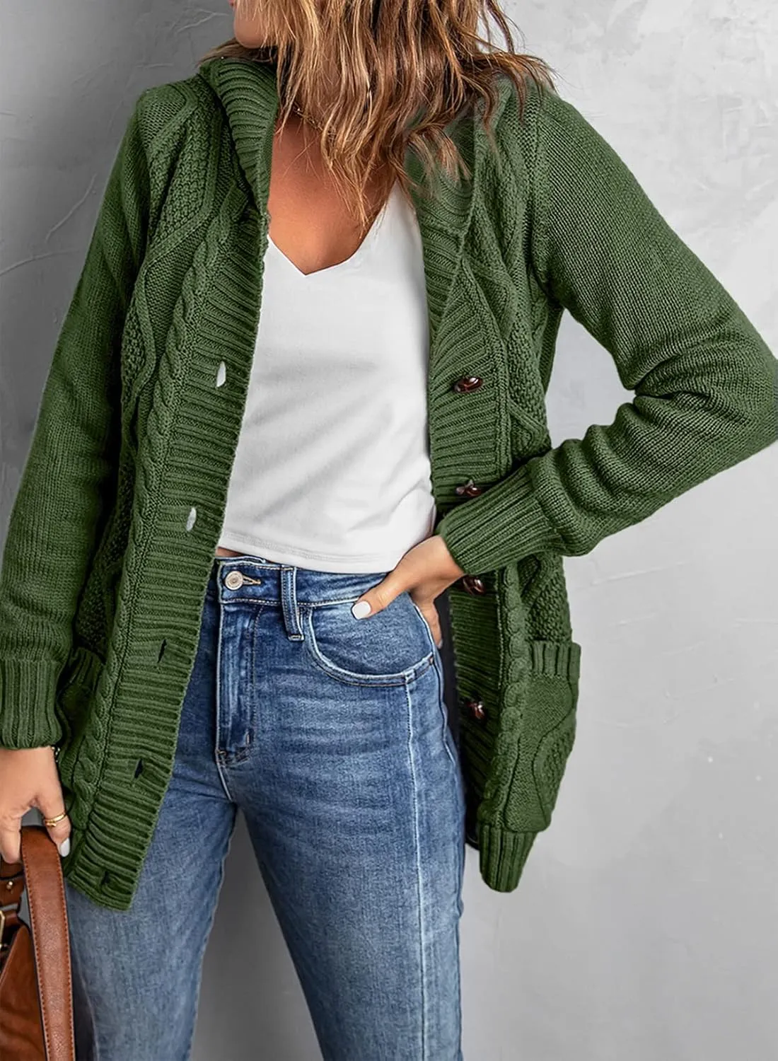 Sidefeel Women's Open Front Hooded Cardigan Sweaters Button Down Long Sleeve Chunky Knit Coat with Pockets
