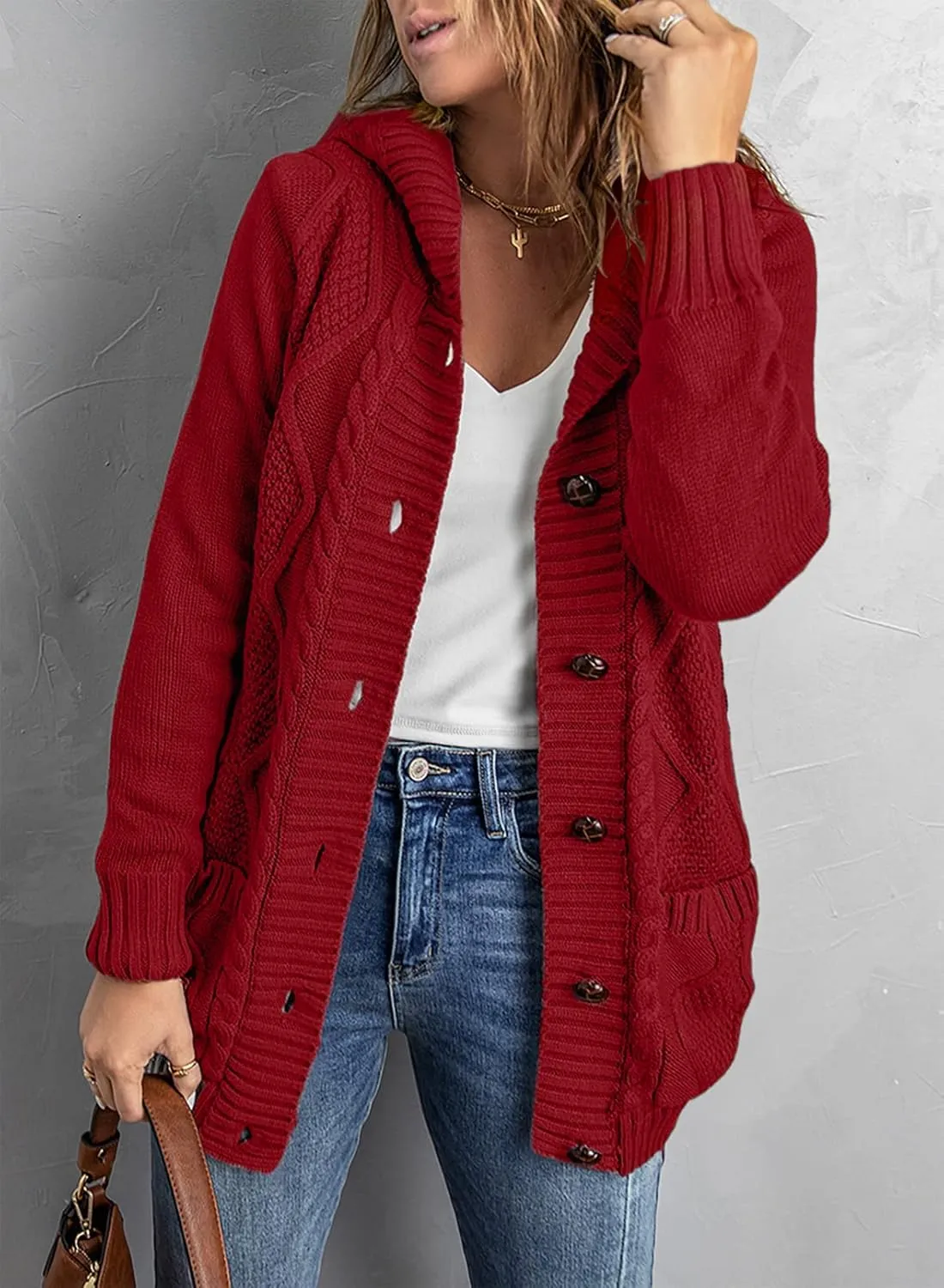 Sidefeel Women's Open Front Hooded Cardigan Sweaters Button Down Long Sleeve Chunky Knit Coat with Pockets