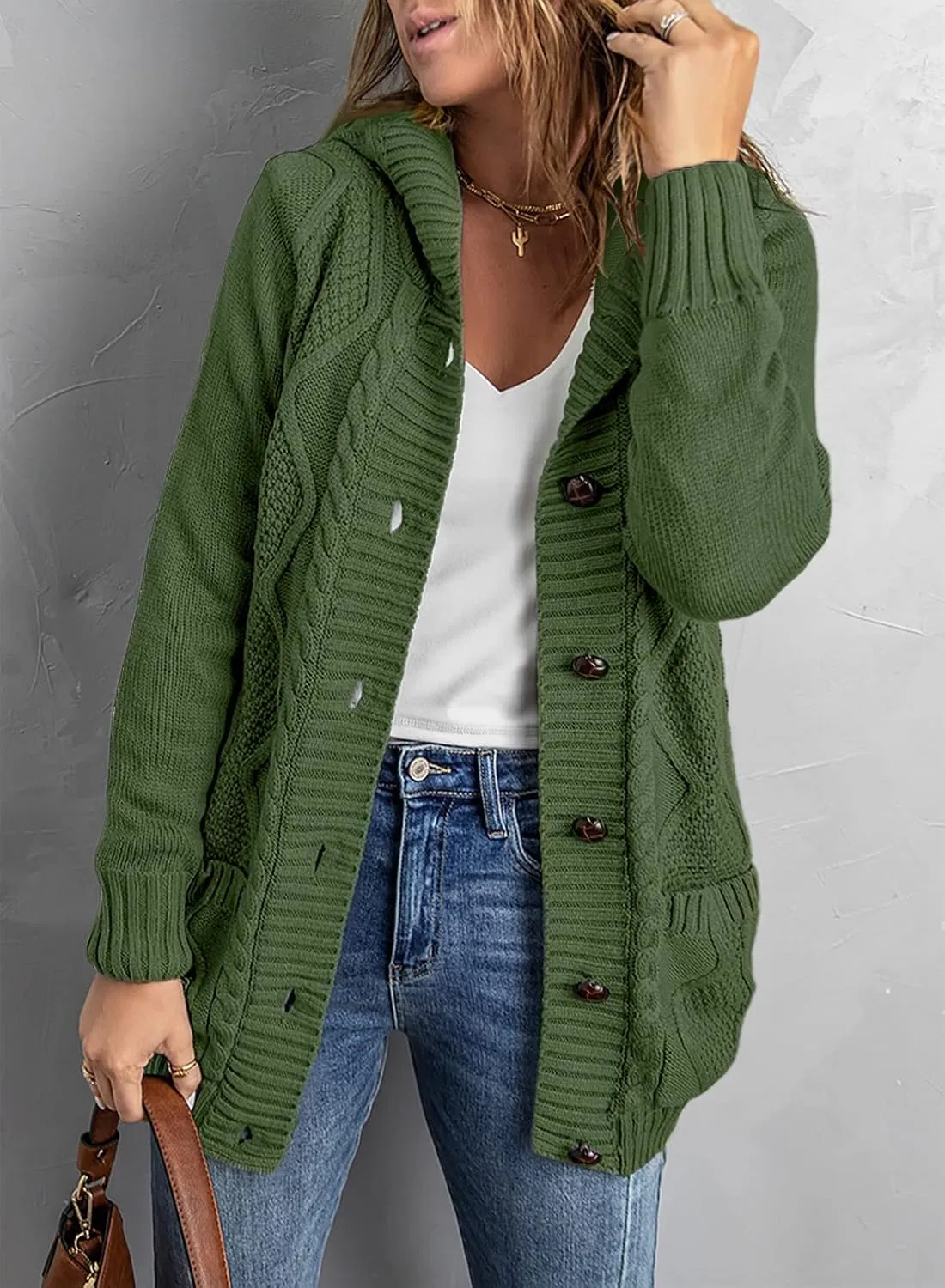 Sidefeel Women's Open Front Hooded Cardigan Sweaters Button Down Long Sleeve Chunky Knit Coat with Pockets