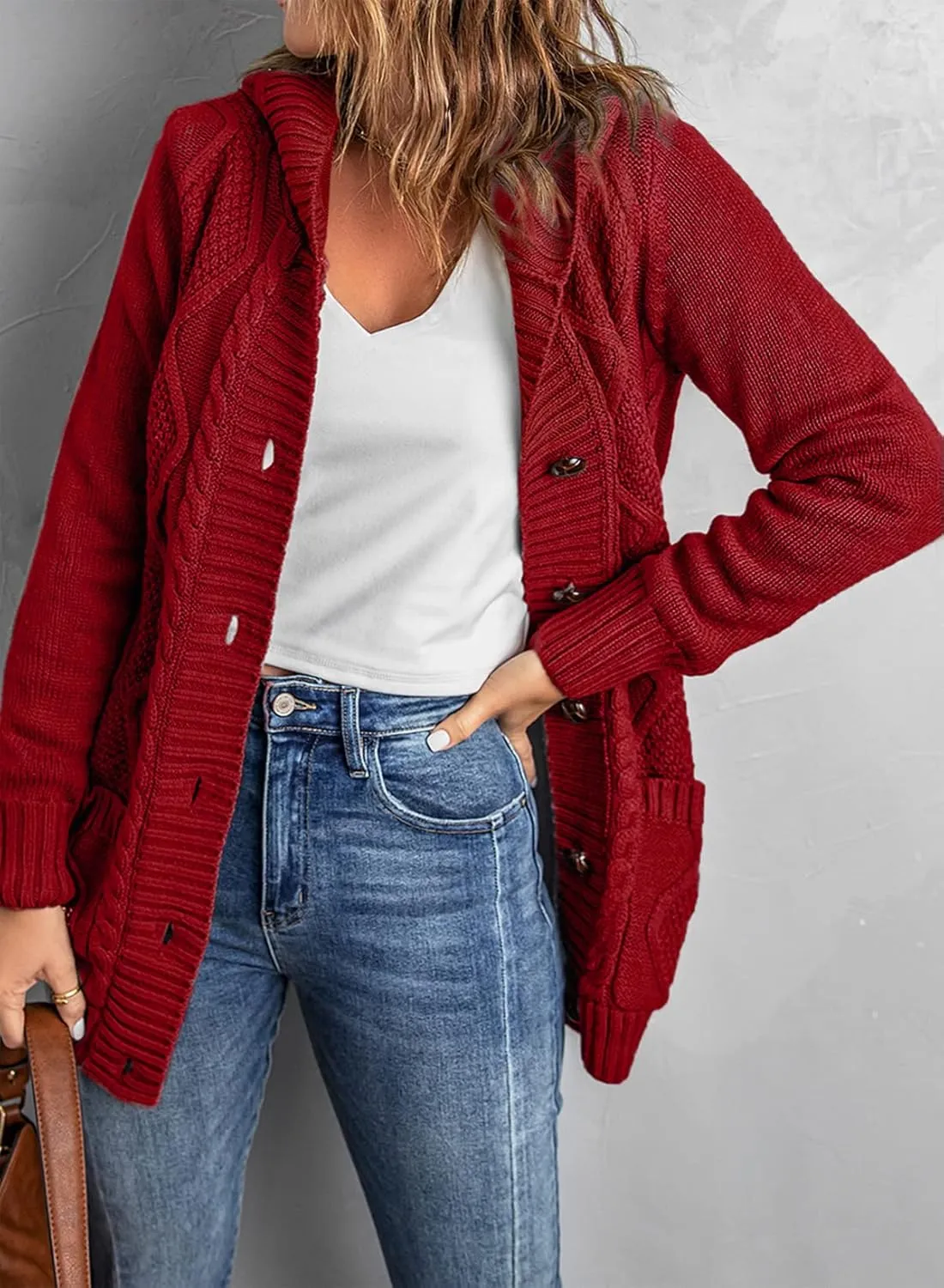 Sidefeel Women's Open Front Hooded Cardigan Sweaters Button Down Long Sleeve Chunky Knit Coat with Pockets
