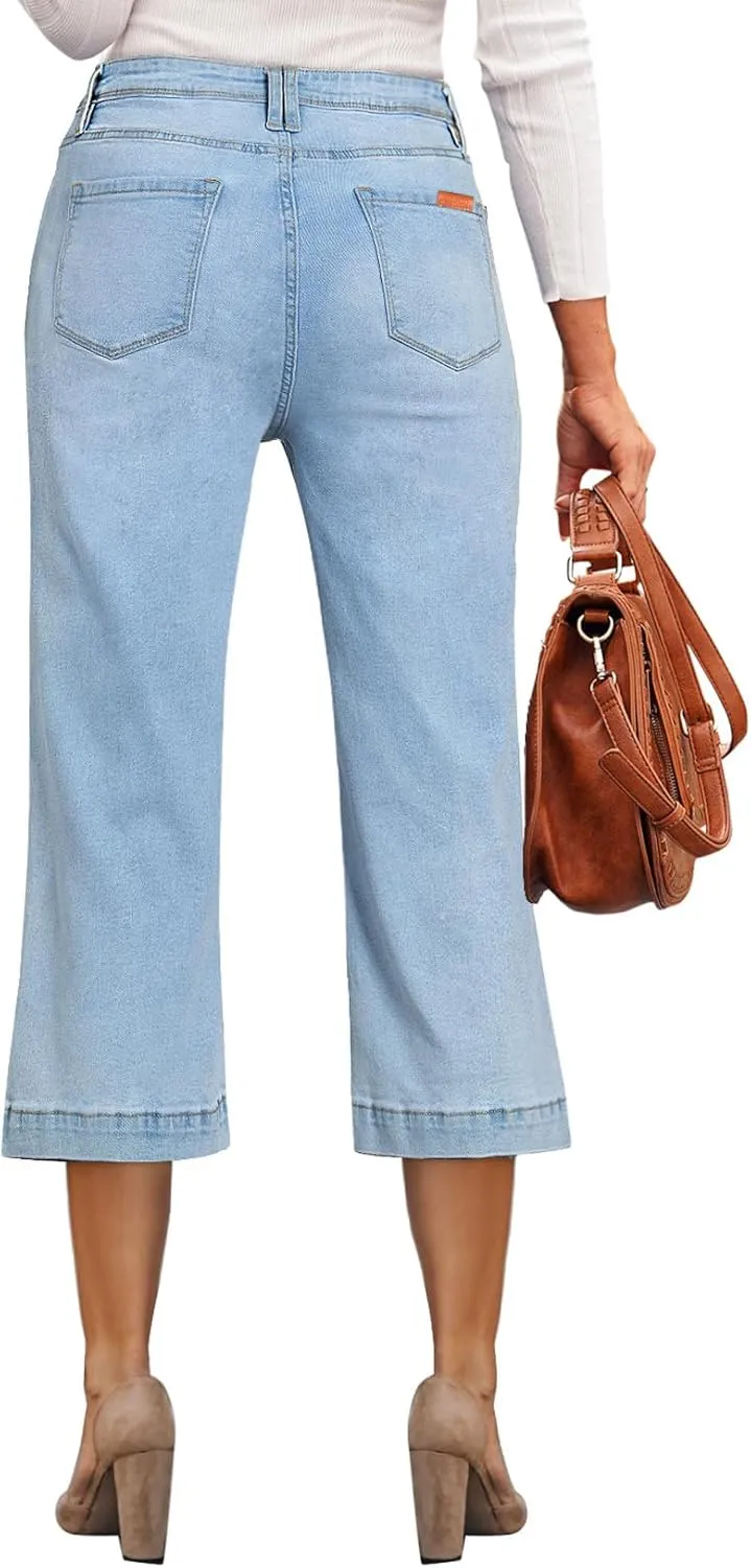 Sidefeel Women's Wide Leg Jeans High Waisted Stretchy Capri Pants