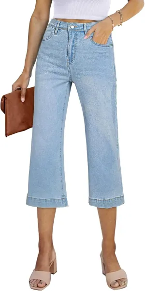 Sidefeel Women's Wide Leg Jeans High Waisted Stretchy Capri Pants