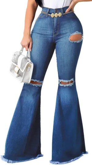 Skinny Ripped Bell Bottom Jeans for Women Classic High Waisted Flared Jean Pants