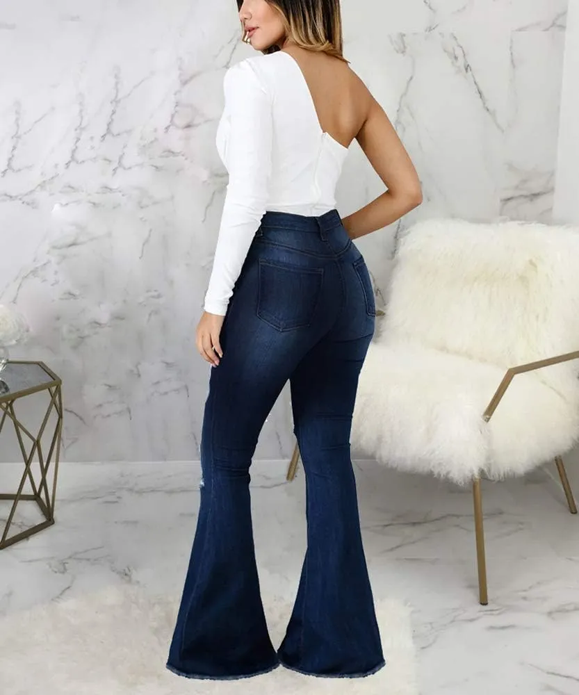 Skinny Ripped Bell Bottom Jeans for Women Classic High Waisted Flared Jean Pants