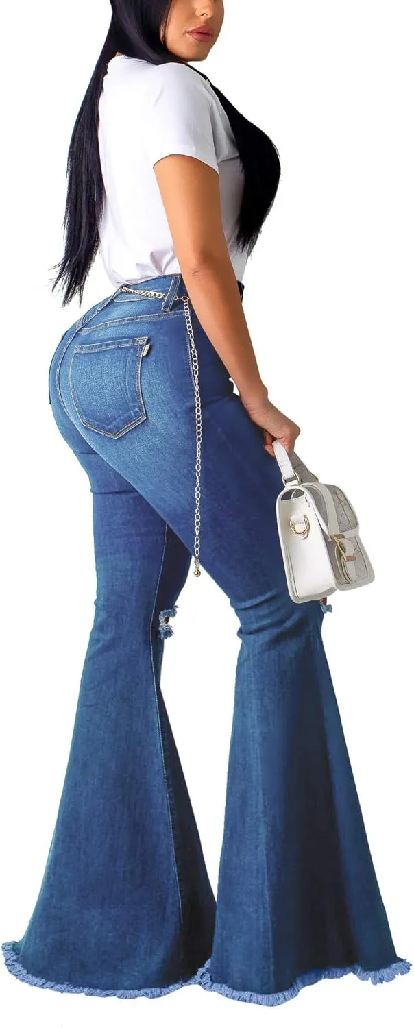 Skinny Ripped Bell Bottom Jeans for Women Classic High Waisted Flared Jean Pants