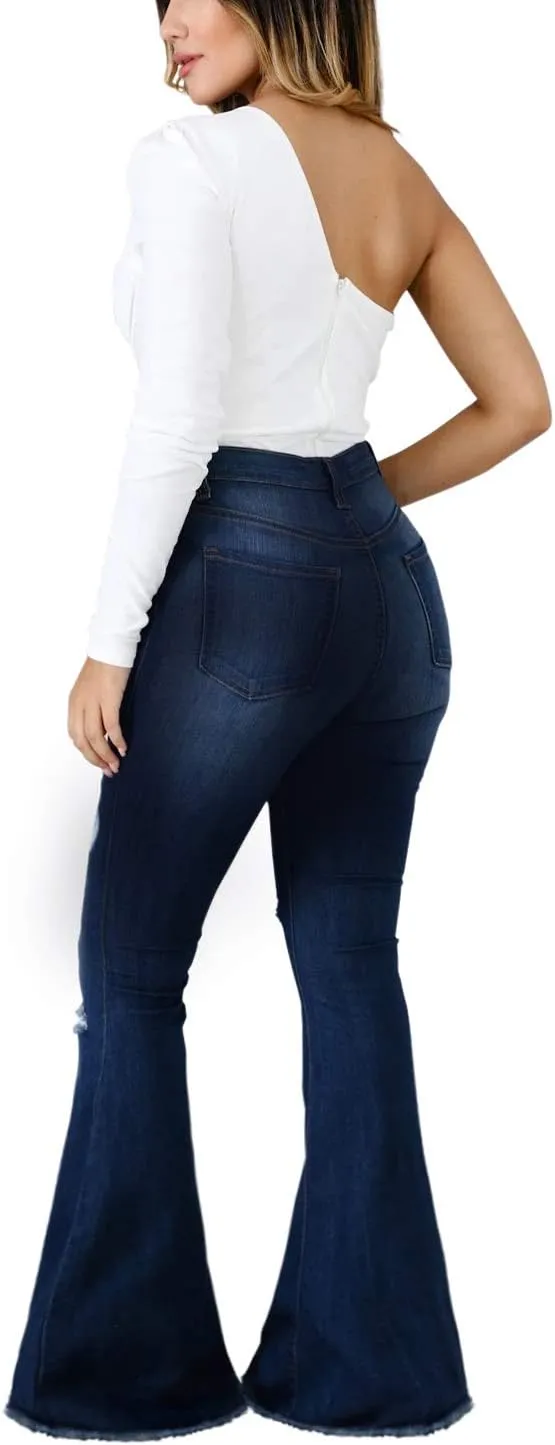 Skinny Ripped Bell Bottom Jeans for Women Classic High Waisted Flared Jean Pants