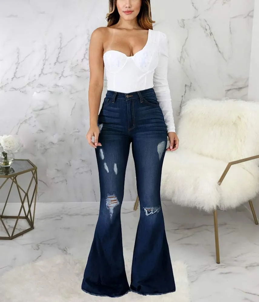 Skinny Ripped Bell Bottom Jeans for Women Classic High Waisted Flared Jean Pants