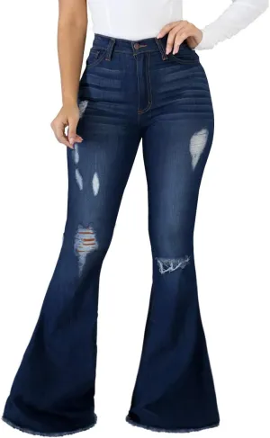 Skinny Ripped Bell Bottom Jeans for Women Classic High Waisted Flared Jean Pants