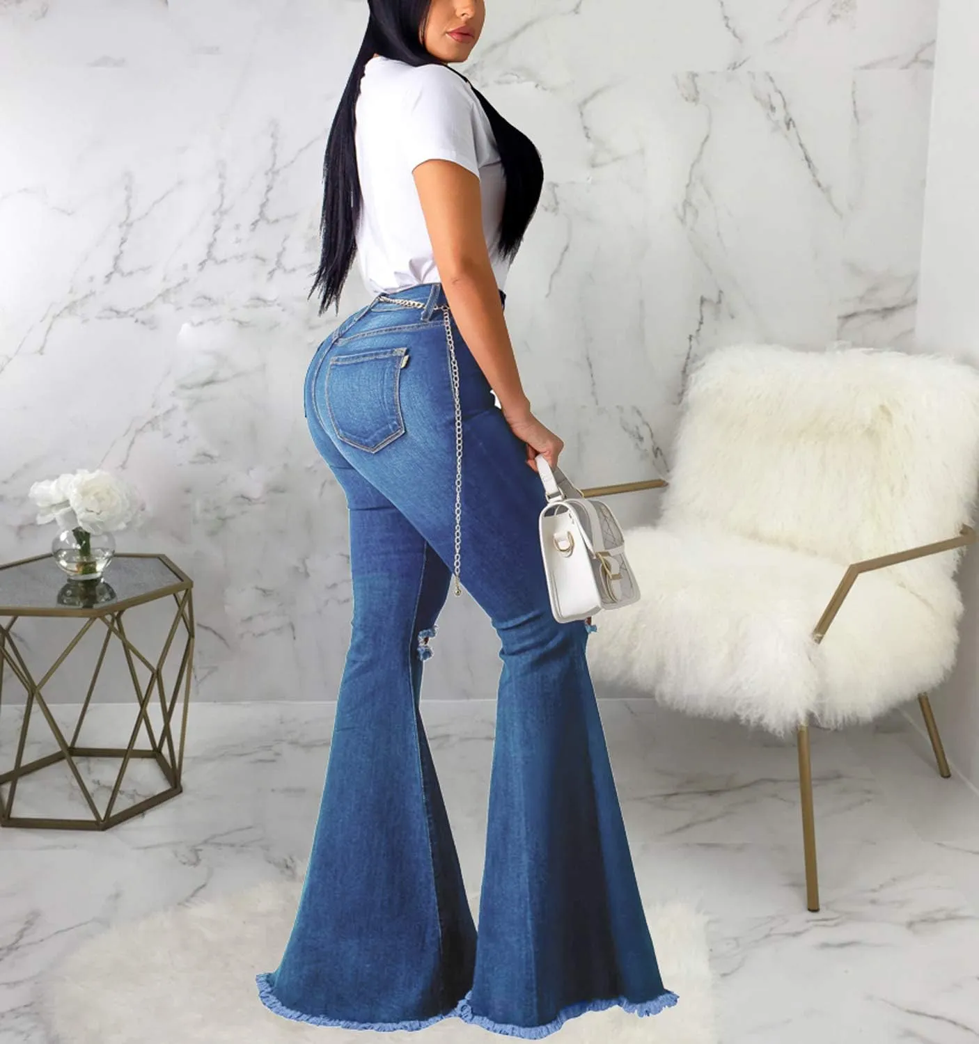Skinny Ripped Bell Bottom Jeans for Women Classic High Waisted Flared Jean Pants