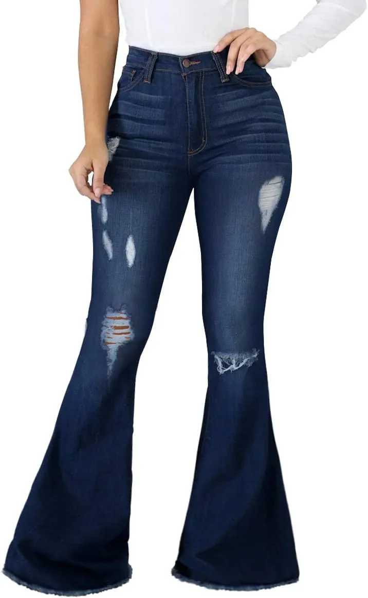 Skinny Ripped Bell Bottom Jeans for Women Classic High Waisted Flared Jean Pants