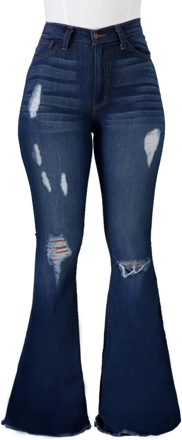 Skinny Ripped Bell Bottom Jeans for Women Classic High Waisted Flared Jean Pants