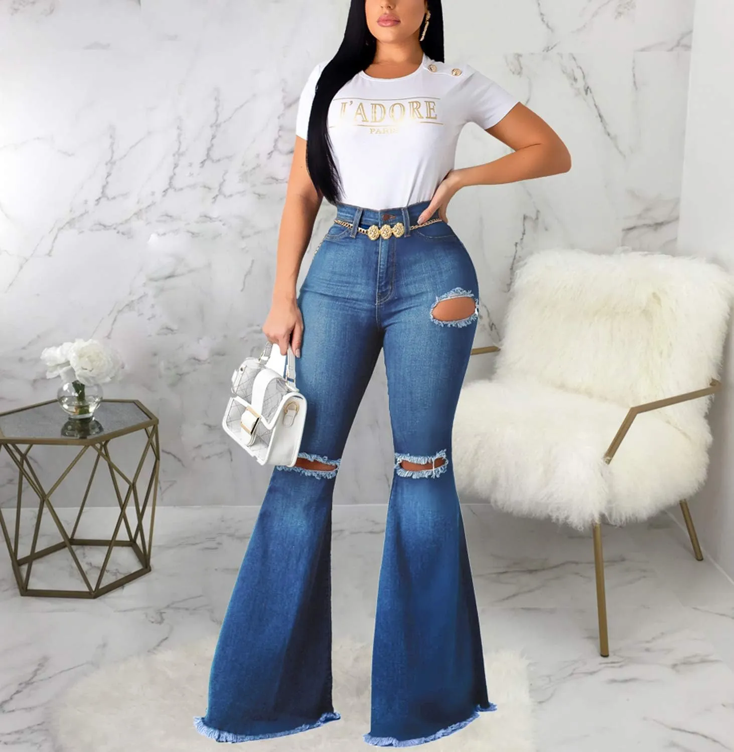 Skinny Ripped Bell Bottom Jeans for Women Classic High Waisted Flared Jean Pants
