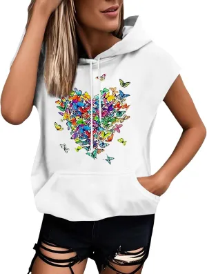 Sleeveless Hoodies for Women Plus Size Heart Print Hooded Sweatshirt Vest Loose Fit Summer Workout Athletic Tank Tops