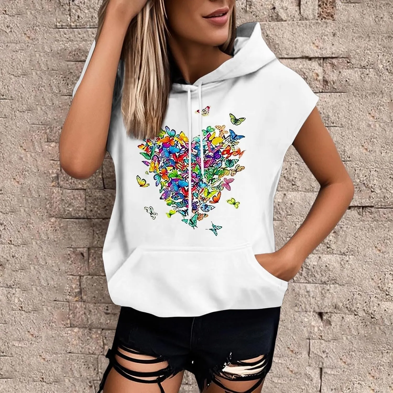 Sleeveless Hoodies for Women Plus Size Heart Print Hooded Sweatshirt Vest Loose Fit Summer Workout Athletic Tank Tops