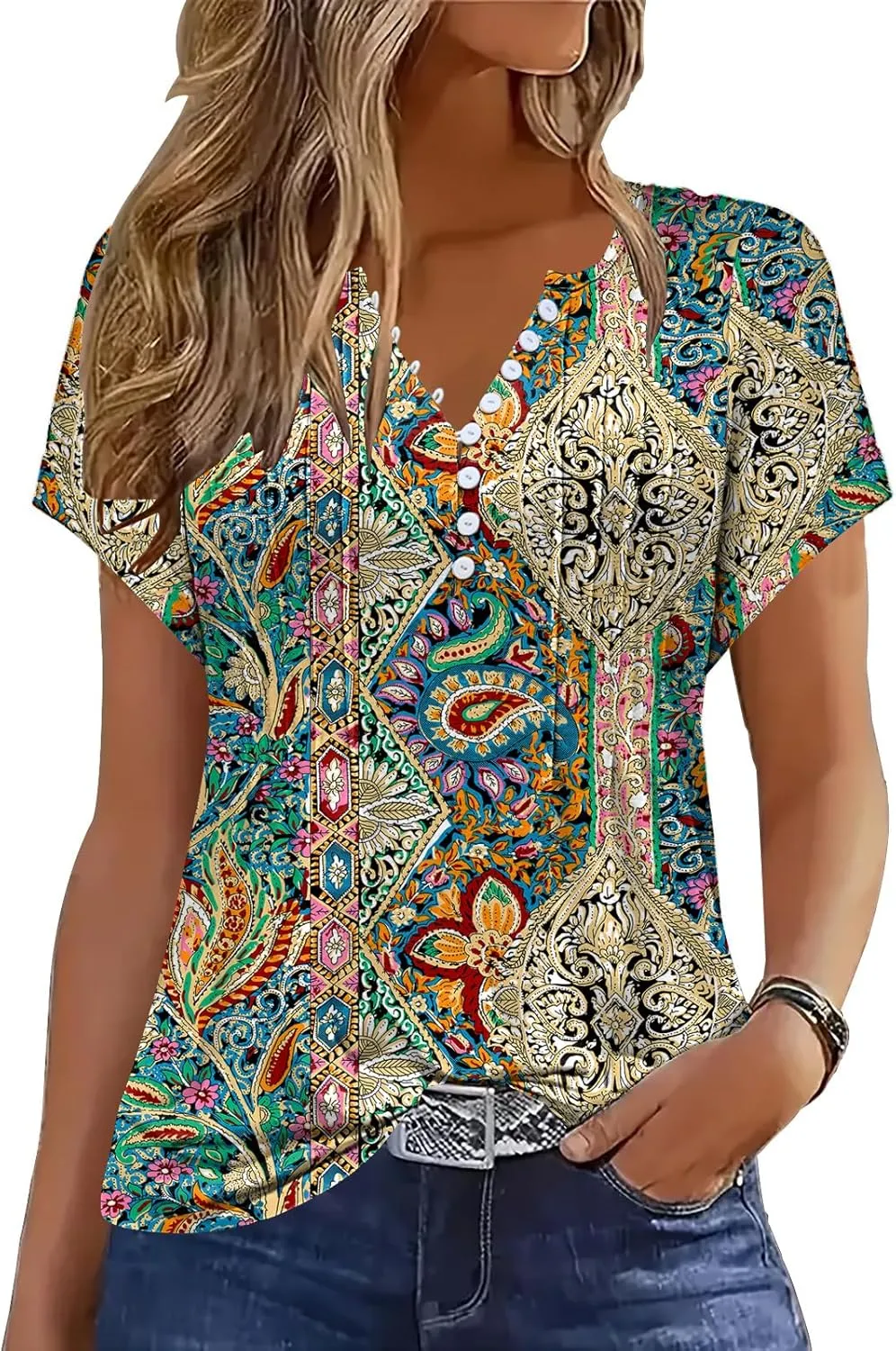 Soesdemo Womens Tshirts Short Rolled Sleeve Pleated Button Down V Neck Casual Dressy Summer Top Business Work Blouses Shirts