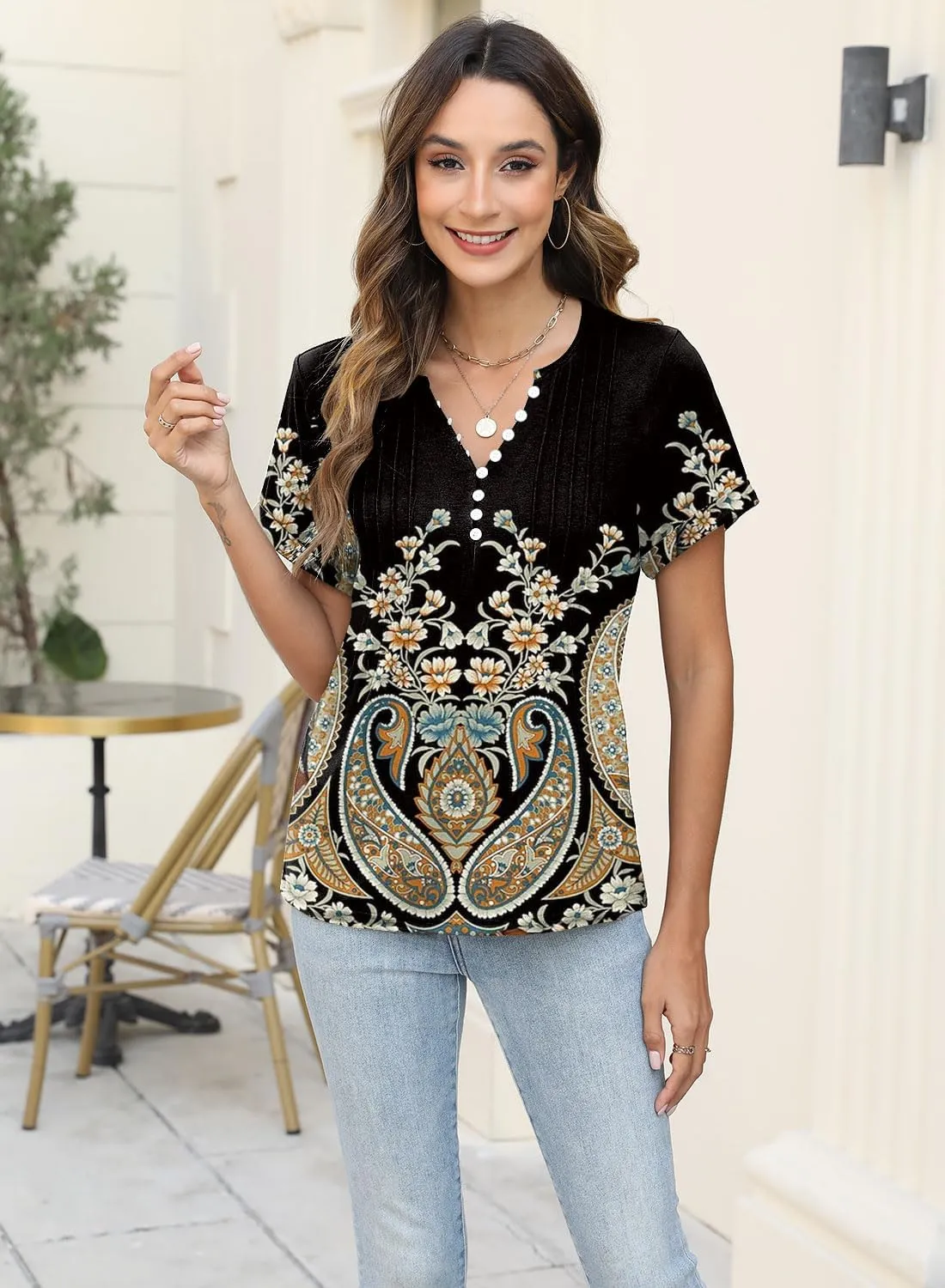 Soesdemo Womens Tshirts Short Rolled Sleeve Pleated Button Down V Neck Casual Dressy Summer Top Business Work Blouses Shirts