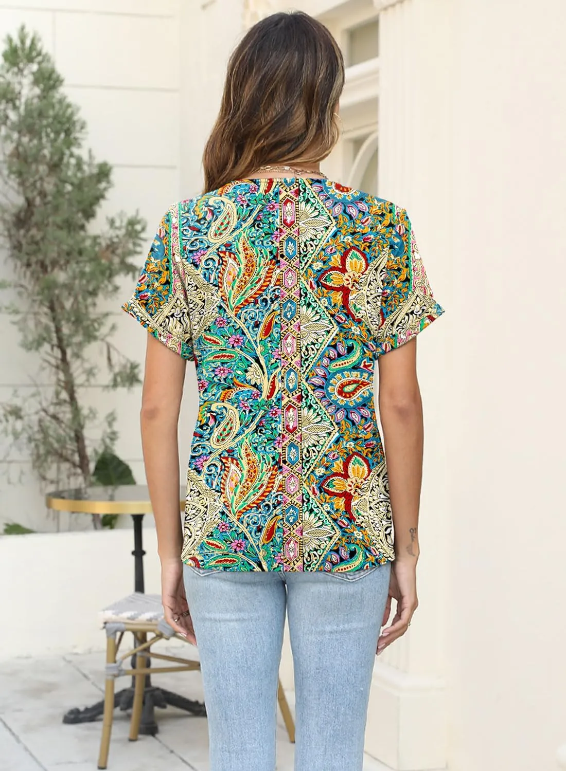 Soesdemo Womens Tshirts Short Rolled Sleeve Pleated Button Down V Neck Casual Dressy Summer Top Business Work Blouses Shirts