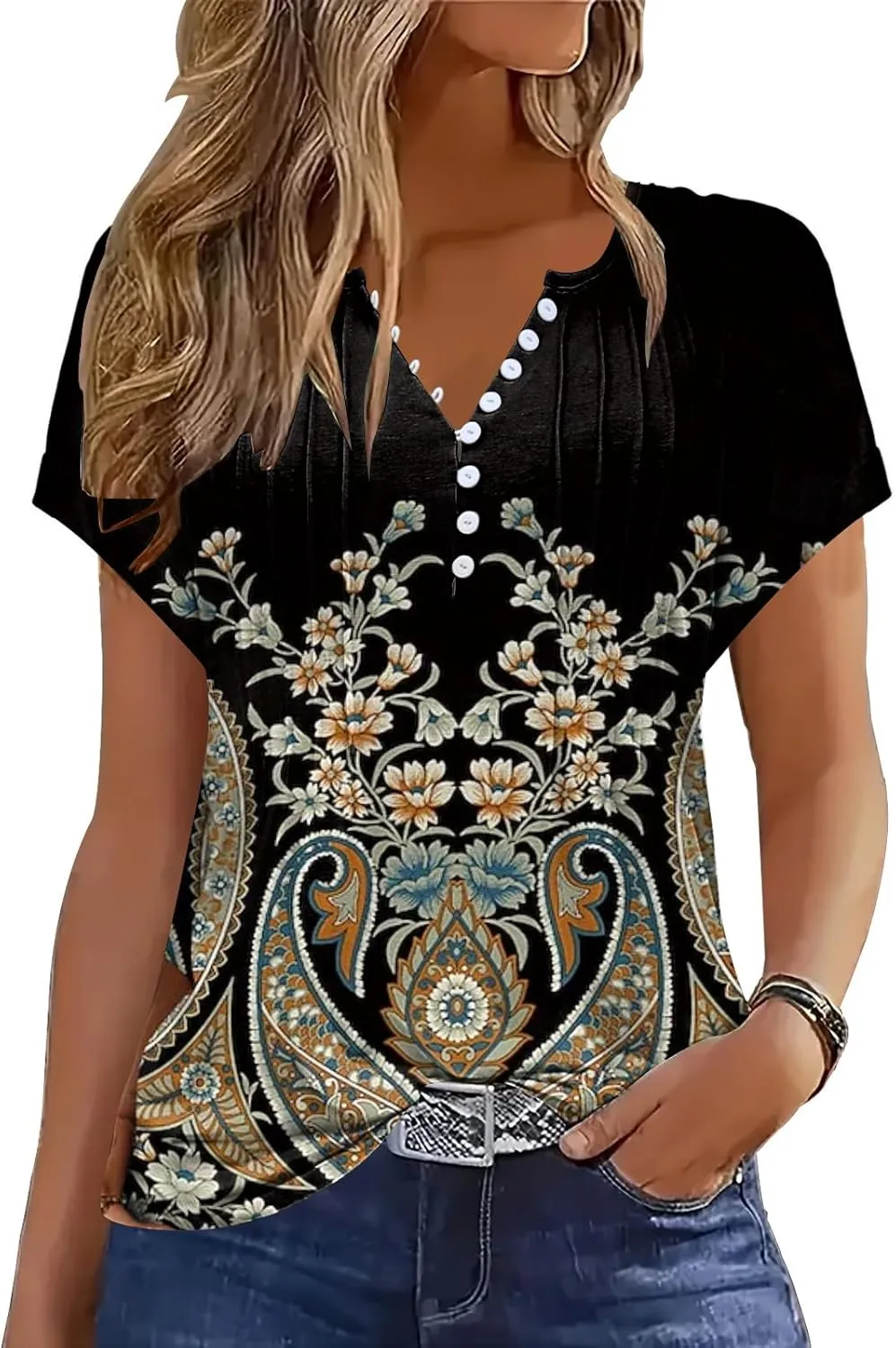Soesdemo Womens Tshirts Short Rolled Sleeve Pleated Button Down V Neck Casual Dressy Summer Top Business Work Blouses Shirts