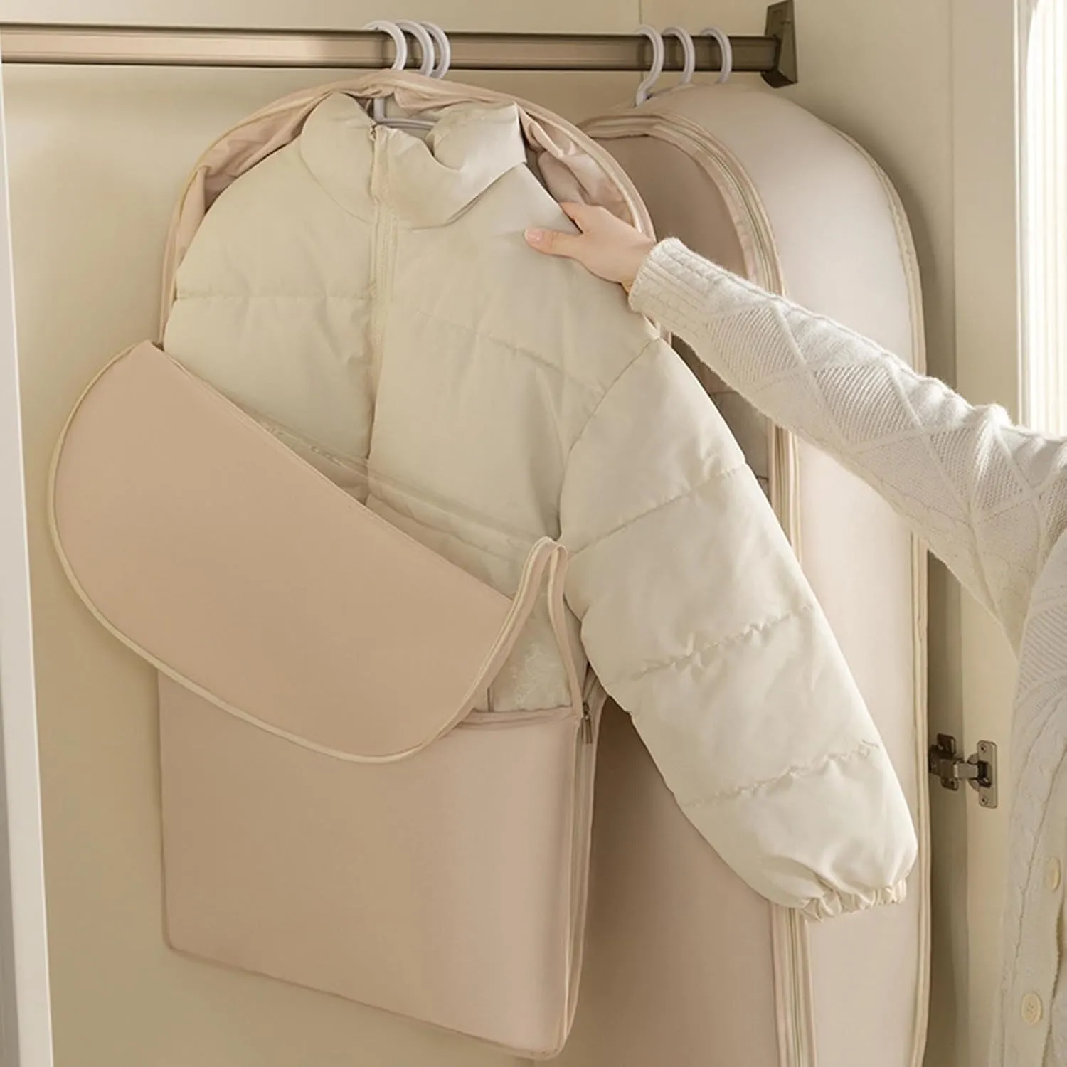 Space Saver Hanging Garment Bags for Closet Storage,Space Saving Hanging Garment Bag Self Compression Zipper,Dust Cover Clothes Bags Travel Organizer Protector for Down Coat Suit (White, 51.18 in)