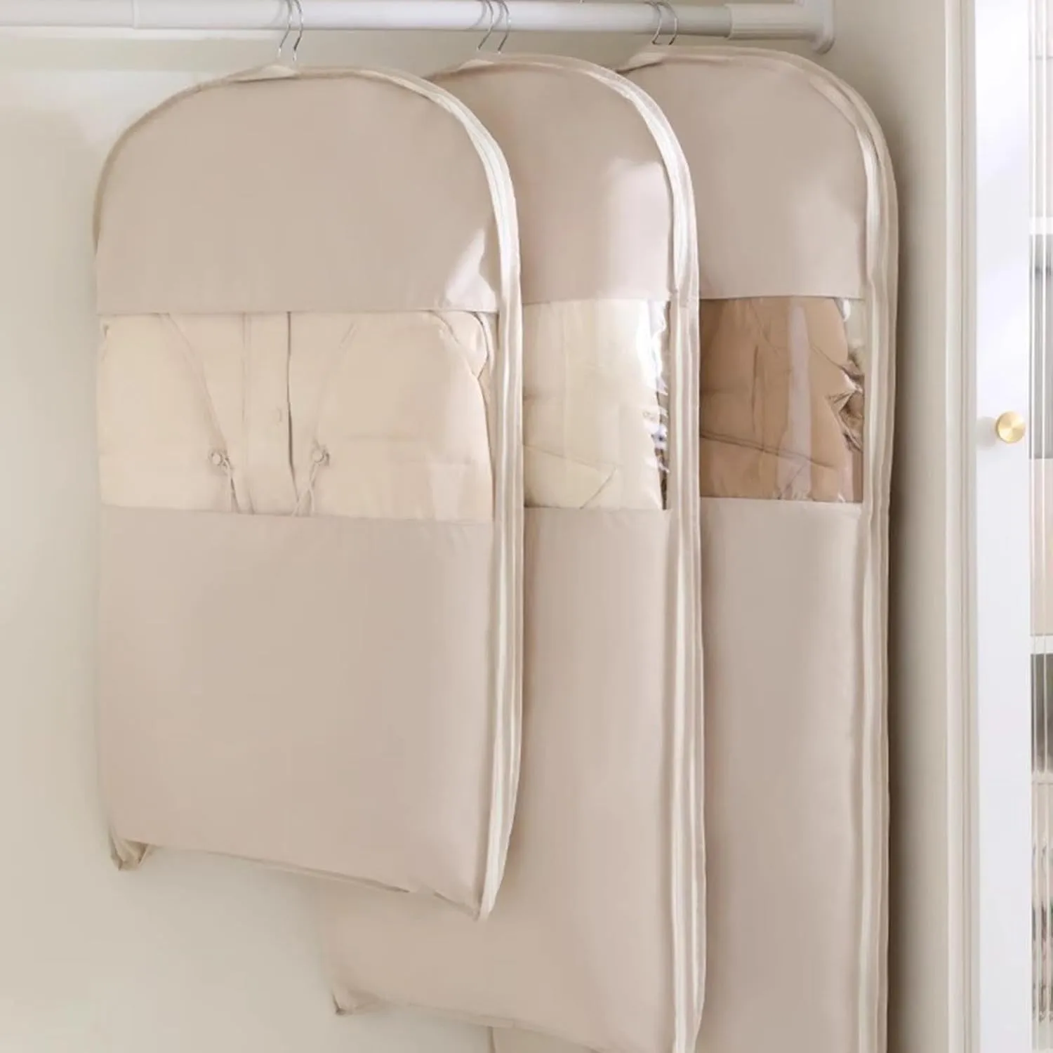 Space Saver Hanging Garment Bags for Closet Storage,Space Saving Hanging Garment Bag Self Compression Zipper,Dust Cover Clothes Bags Travel Organizer Protector for Down Coat Suit (White, 51.18 in)