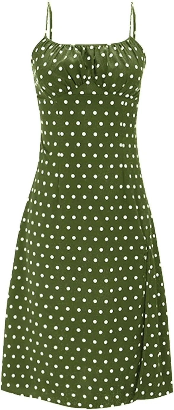 Spaghetti Strap Dresses for Women Sleeveless Polka Dot Dress Knee Length Slit Sundress Sexy Summer Dresses